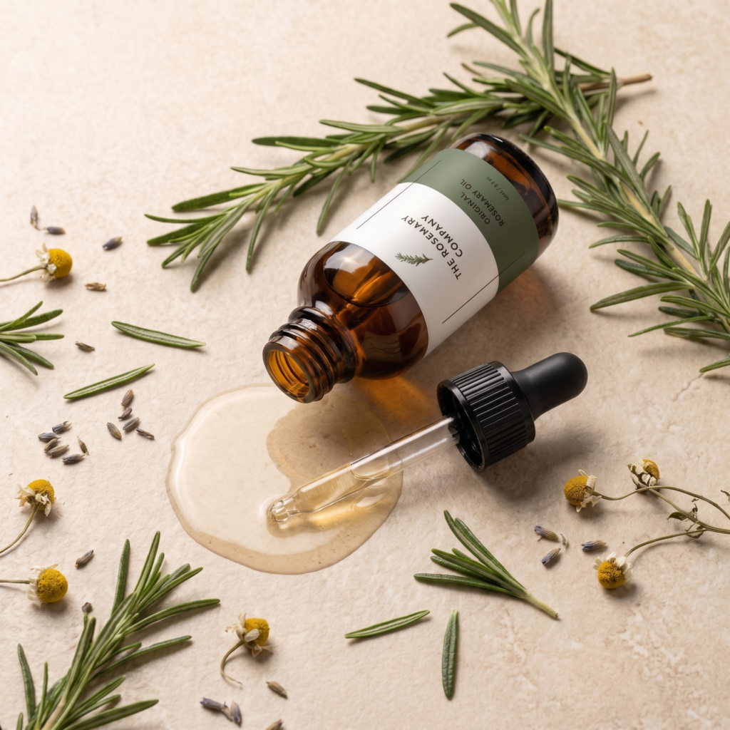 Bottle of Rosemary hair oil with fresh rosemary sprigs laid out.