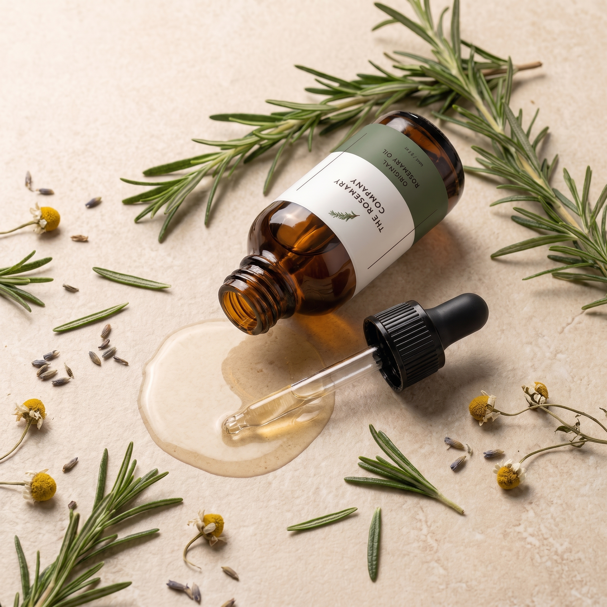 Bottle of Rosemary hair oil with fresh rosemary sprigs laid out.