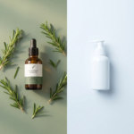A split image comparing a natural rosemary hair oil against a plain clinical bottle of minoxidil.