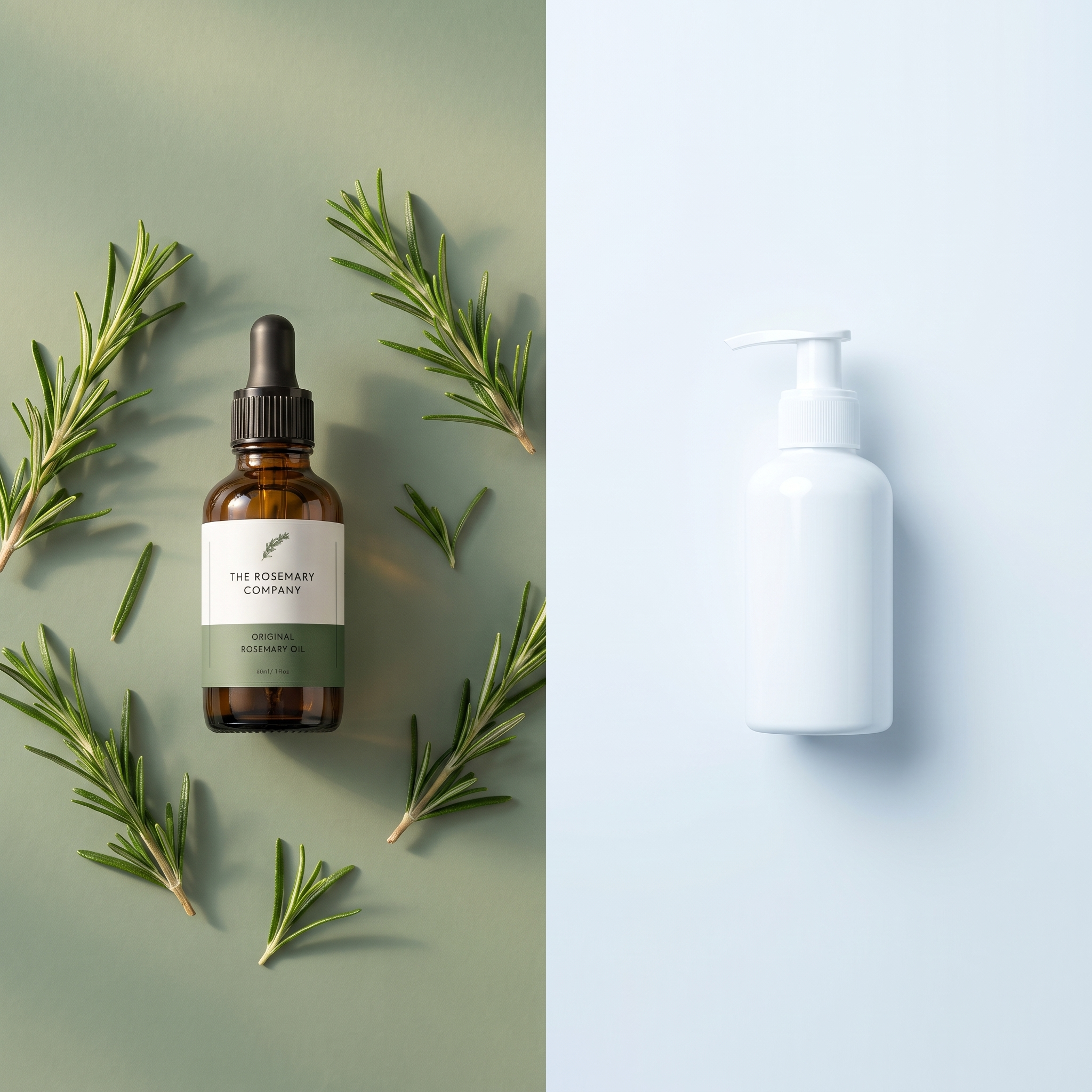 A split image comparing a natural rosemary hair oil against a plain clinical bottle of minoxidil.