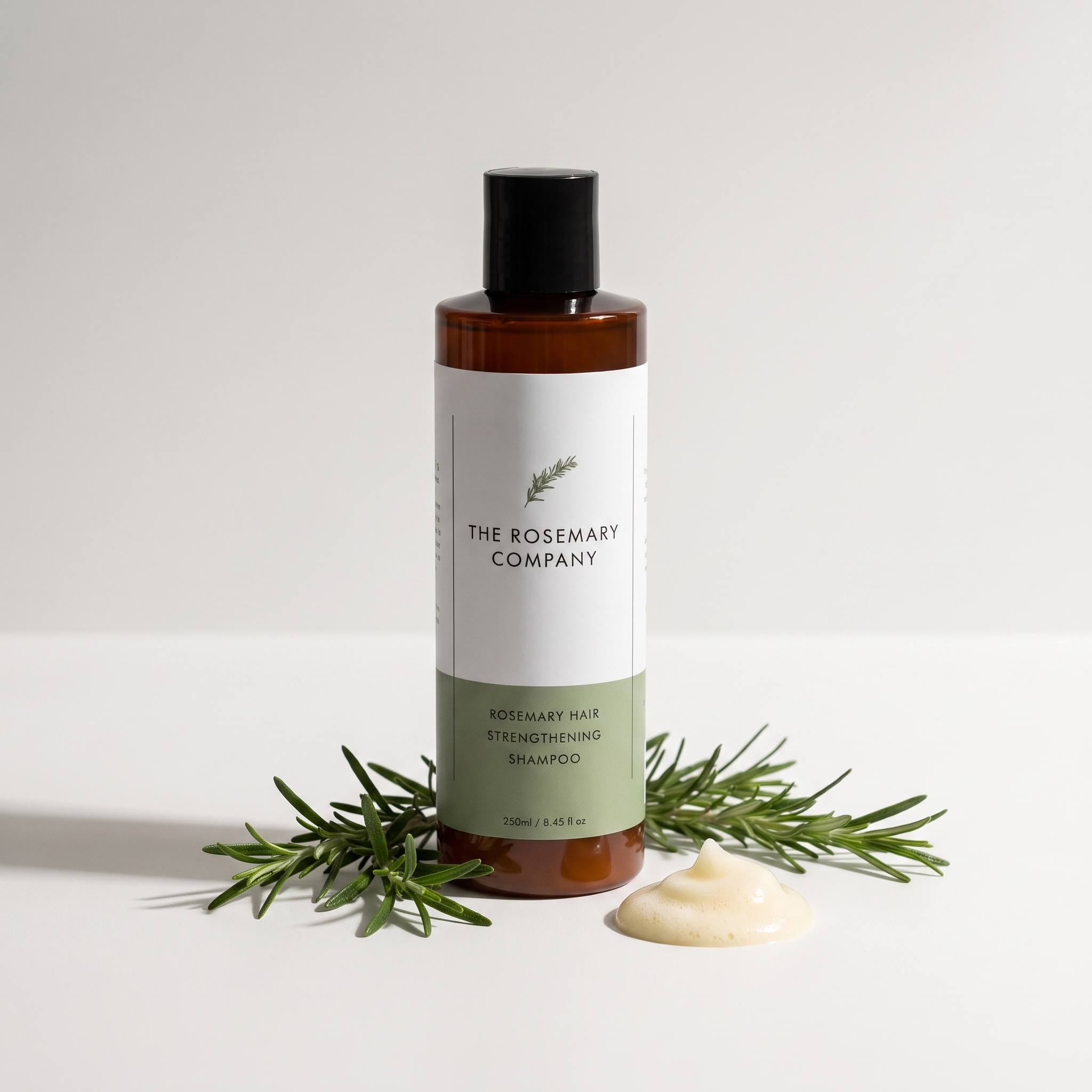 Rosemary Hair Strengthening Shampoo bottle with fresh rosemary and a swirl of lathe