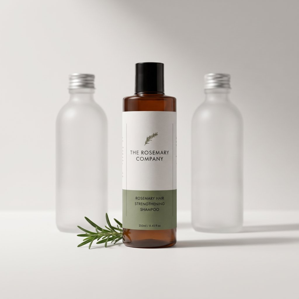 Rosemary Hair Strengthening Shampoo standing out in front of two unbranded shampoo bottles, with fresh rosemary on a sage background.