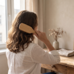 A woman gently brushing her shoulder-length hair at a dressing table in soft natural light.